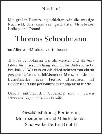 Traueranzeige von Thomas Schoolmann von Neue Westfälische