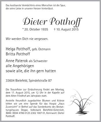 Traueranzeige von Dieter Potthoff von Neue Westfälische