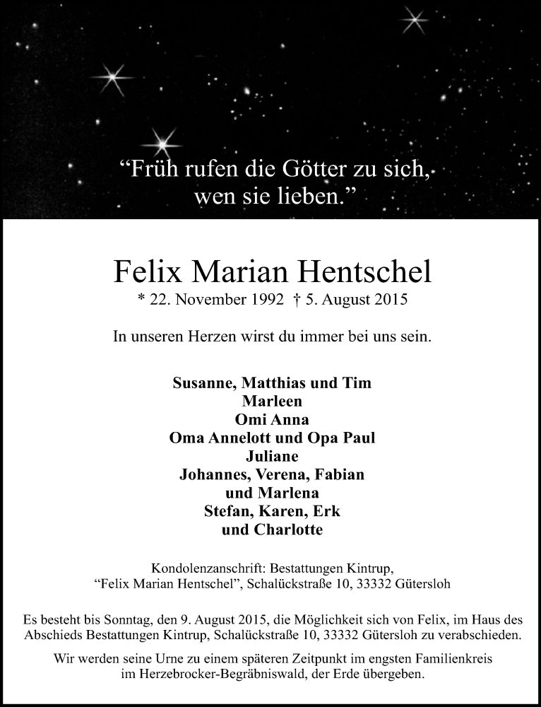  Traueranzeige für Felix Marian Hentschel vom 07.08.2015 aus Neue Westfälische