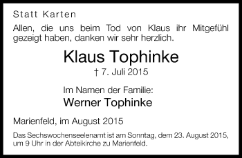 Traueranzeige von Klaus Tophinke von Neue Westfälische