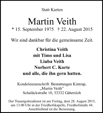 Traueranzeige von Martin Veith von Neue Westfälische