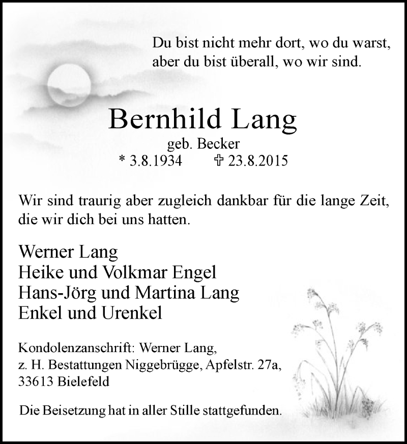  Traueranzeige für Bernhild Lang vom 29.08.2015 aus Neue Westfälische