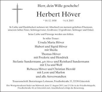 Traueranzeige von Herbert Höver von Neue Westfälische