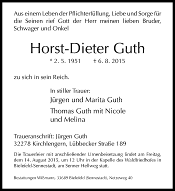 Traueranzeige von Horst-Dieter Guth von Neue Westfälische