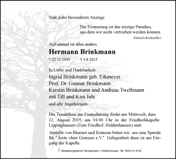 Traueranzeige von Hermann Brinkmann von Neue Westfälische