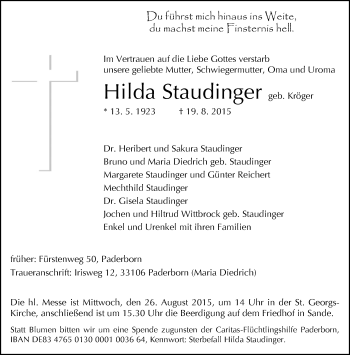 Traueranzeige von Hilda Staudinger von Neue Westfälische