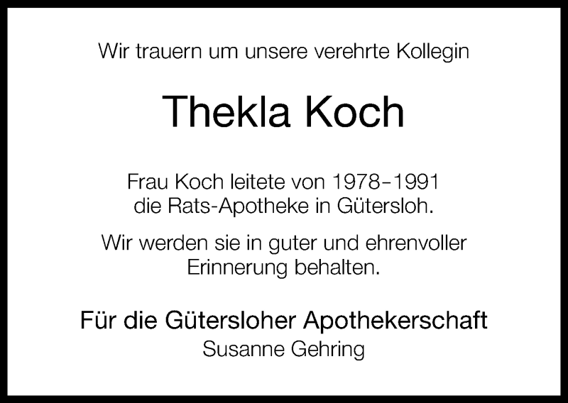  Traueranzeige für Thekla Koch vom 01.08.2015 aus Neue Westfälische