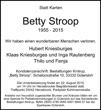 Traueranzeige von Betty Stroop von Neue Westfälische