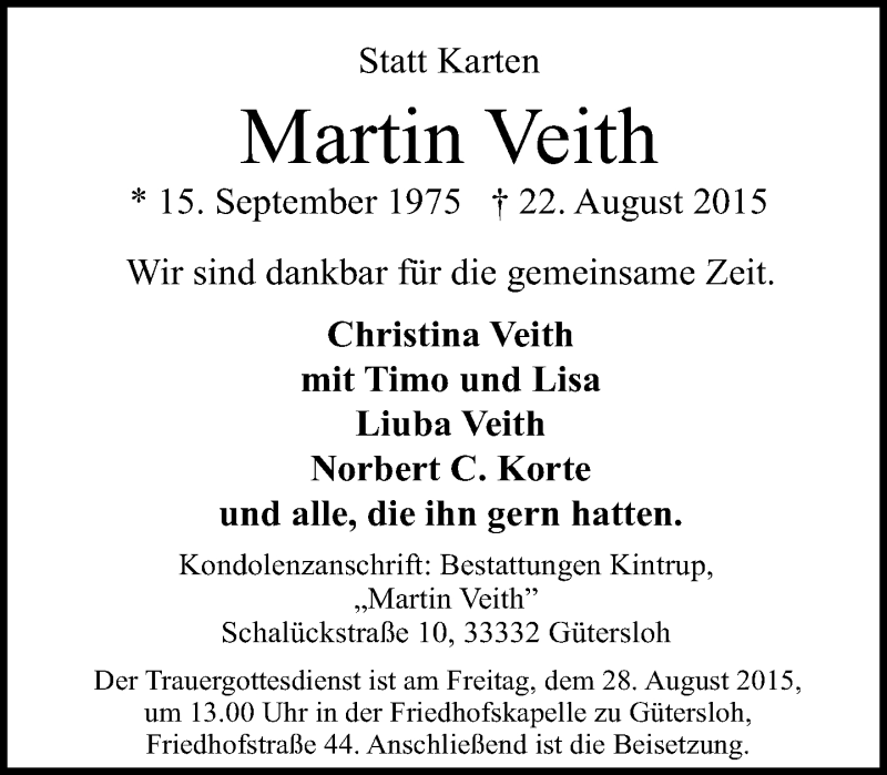  Traueranzeige für Martin Veith vom 25.08.2015 aus Neue Westfälische