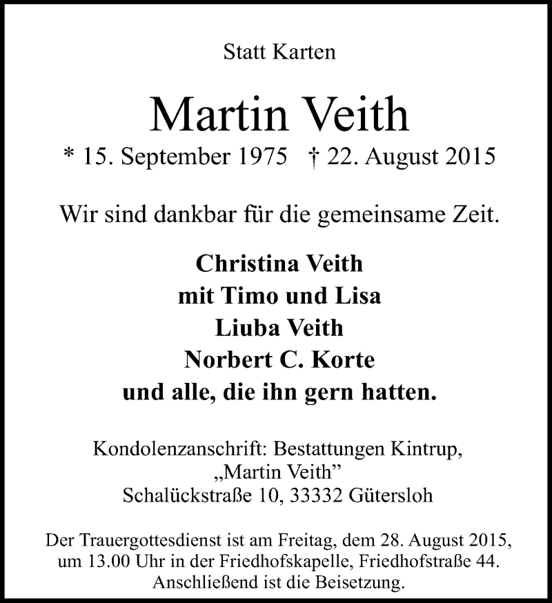  Traueranzeige für Martin Veith vom 25.08.2015 aus Neue Westfälische