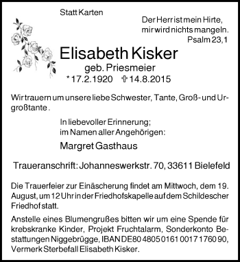 Traueranzeige von Elisabeth Kisker von Neue Westfälische