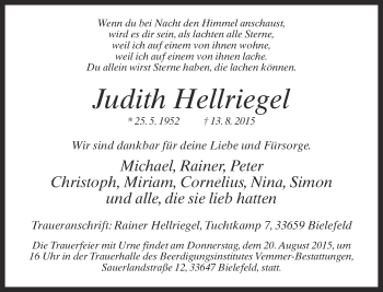 Traueranzeige von Judith Hellriegel