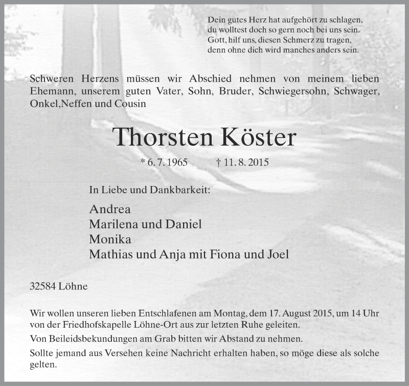 Traueranzeige für Thorsten Köster vom 14.08.2015 aus Neue Westfälische