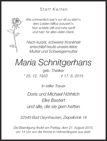 Traueranzeige von Maria Schnitgerhans