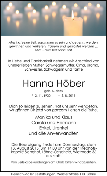 Traueranzeige von Hanna Höber von Neue Westfälische