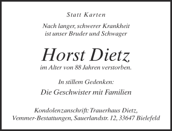 Traueranzeige von Horst Dietz von Neue Westfälische