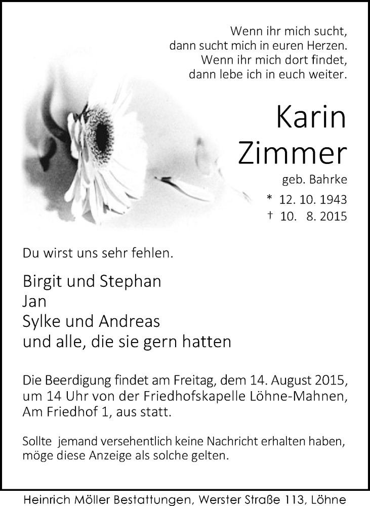  Traueranzeige für Karin Zimmer vom 12.08.2015 aus Neue Westfälische