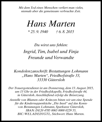 Traueranzeige von Hans Marten