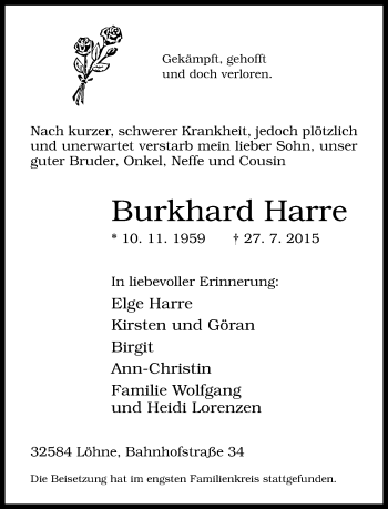 Traueranzeige von Burkhard Harre von Neue Westfälische