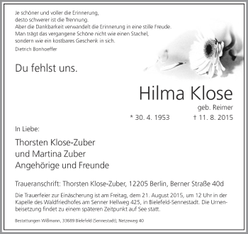 Traueranzeige von Hilma Klose von Neue Westfälische