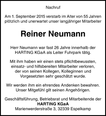 Traueranzeige von Reiner Neumann von Neue Westfälische