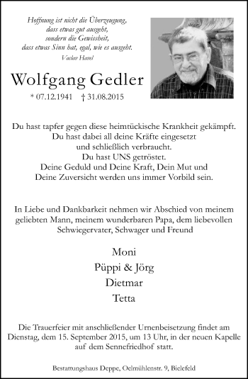 Traueranzeige von Wolfgang Gedler von Neue Westfälische