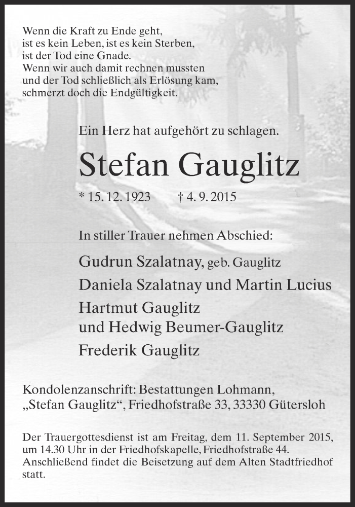  Traueranzeige für Stefan Gauglitz vom 08.09.2015 aus Neue Westfälische