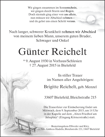 Traueranzeige von Günter Reichelt von Neue Westfälische