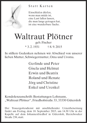 Traueranzeige von Waltraut Plötner