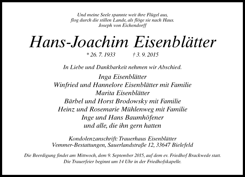  Traueranzeige für Hans-Joachim Eisenblätter vom 05.09.2015 aus Neue Westfälische