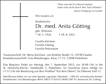 Traueranzeige von Anita Götting von Neue Westfälische