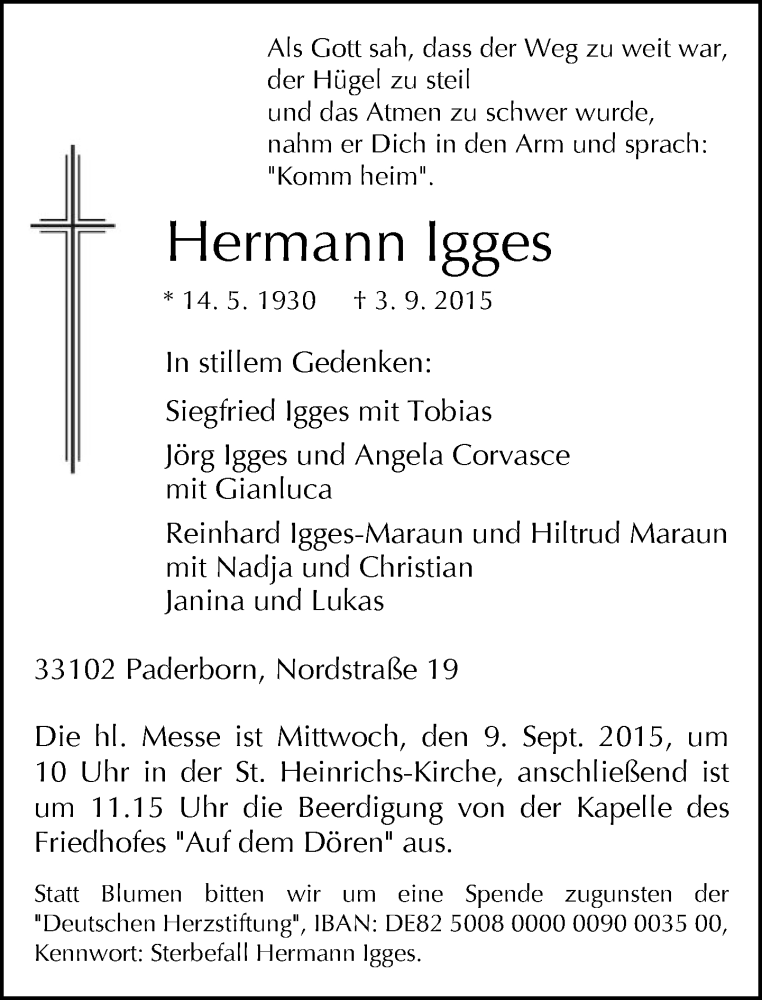  Traueranzeige für Hermann Igges vom 05.09.2015 aus Neue Westfälische