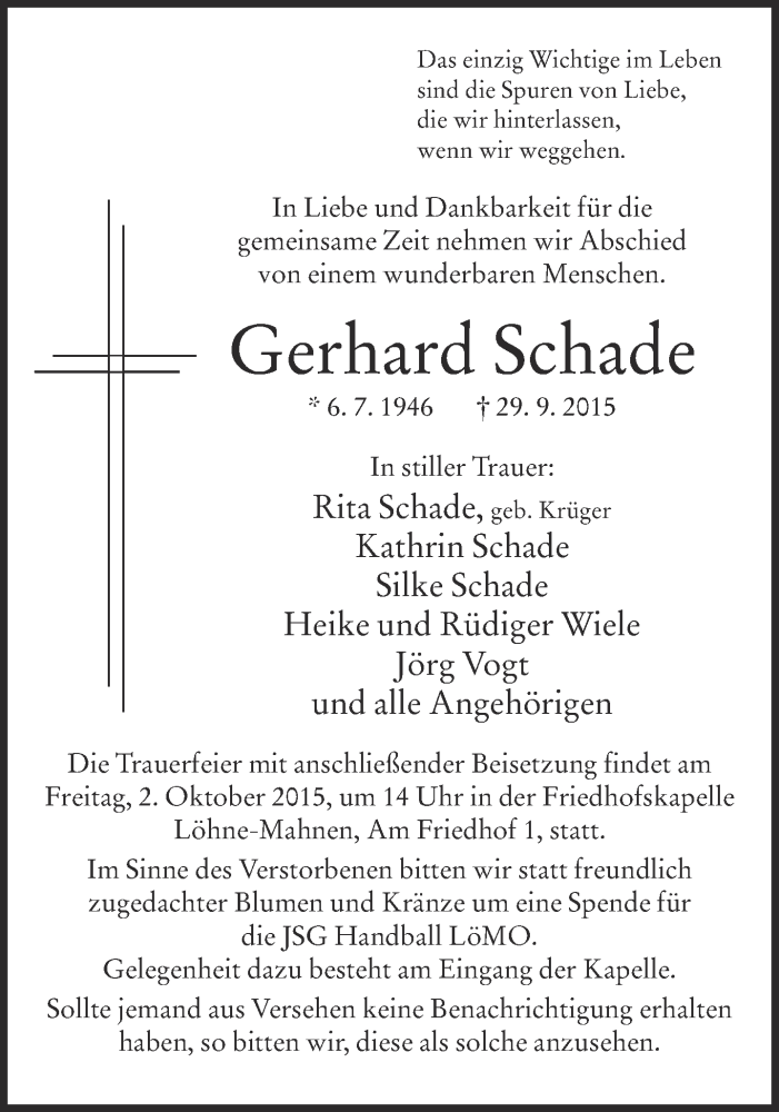  Traueranzeige für Gerhard Schade vom 30.09.2015 aus Neue Westfälische