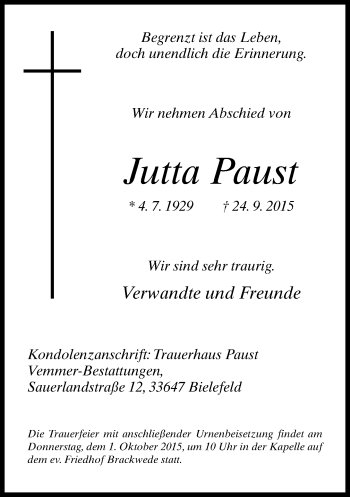 Traueranzeige von Jutta Paust von Neue Westfälische