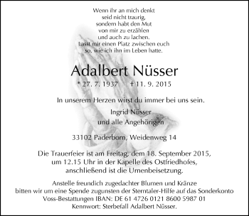 Traueranzeige von Adalbert Nüsser von Neue Westfälische
