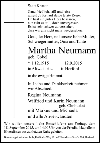 Traueranzeige von Martha Neumann von Neue Westfälische