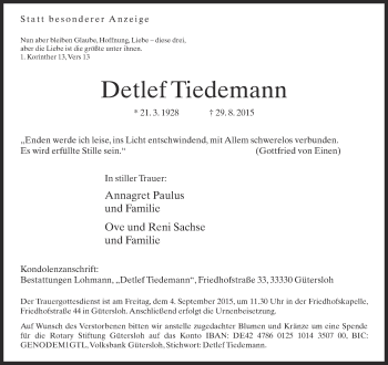 Traueranzeige von Detlef Tiedemann