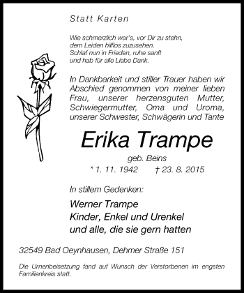 Traueranzeige von Erika Trampe