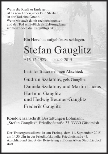 Traueranzeige von Stefan Gauglitz