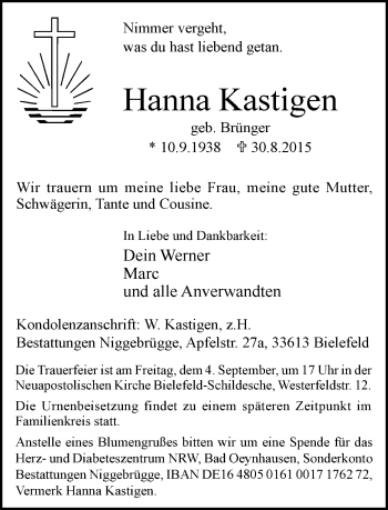 Traueranzeige von Hanna Kastigen von Neue Westfälische