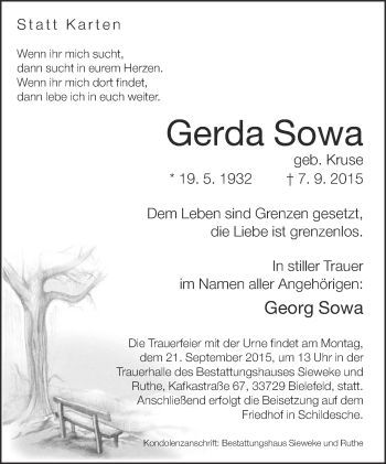 Traueranzeige von Gerda Sowa von Neue Westfälische