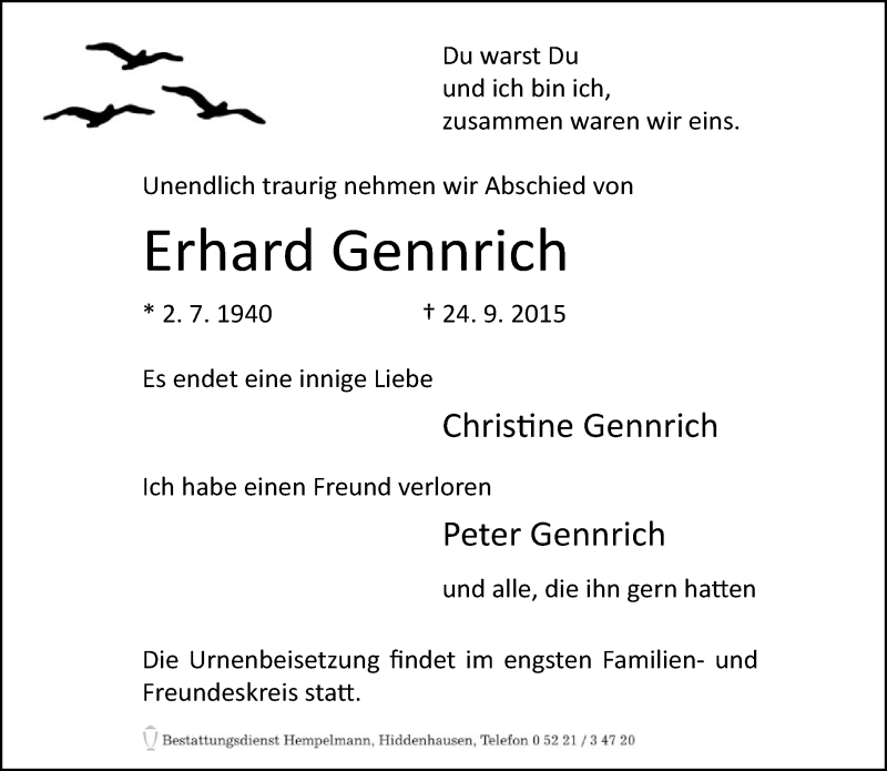  Traueranzeige für Erhard Gennrich vom 26.09.2015 aus Neue Westfälische