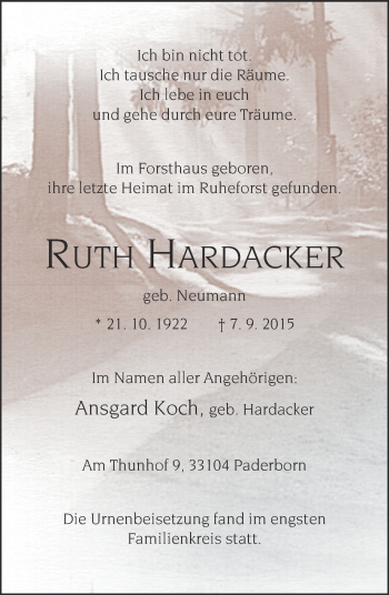 Traueranzeige von Ruth Hardacker von Neue Westfälische