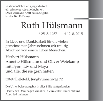 Traueranzeige von Ruth Hülsmann von Neue Westfälische