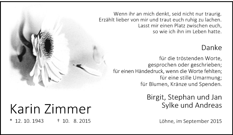  Traueranzeige für Karin Zimmer vom 23.09.2015 aus Neue Westfälische