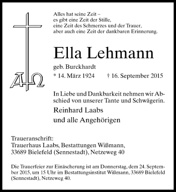 Traueranzeige von Ella Lehmann von Neue Westfälische