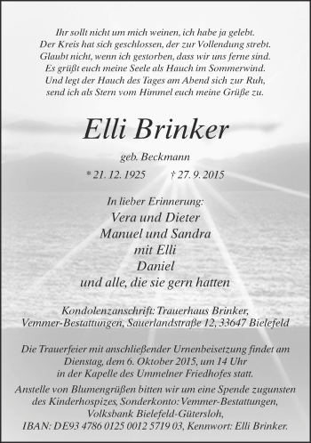 Traueranzeige von Elli Brinker von Neue Westfälische