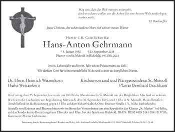 Traueranzeige von Hans-Anton Gehrmann von Neue Westfälische