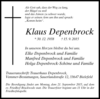 Traueranzeige von Klaus Depenbrock