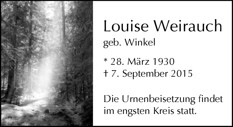  Traueranzeige für Louise Weirauch vom 12.09.2015 aus Neue Westfälische